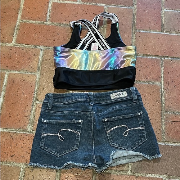 Justice Dark Blue Sequin Jean Shorts & Metallic Sports Bra - Picture 3 of 4